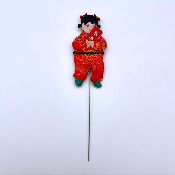 Vintage Oriental Lunar New Year Girl Red Envelope Silk Flat Figure Floral Pick - Picture 4 of 7
